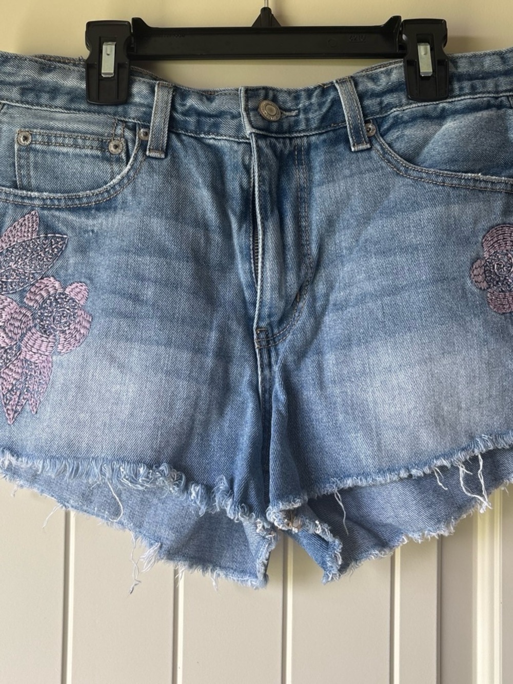 American Eagle Light Blue Denim Cutoff Shorts with Pink Embroidery